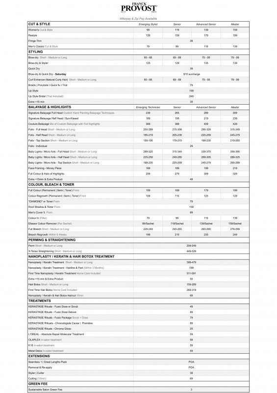 Franck Provost Menu of Services and Prices in Sydney and Melbourne hair salons
