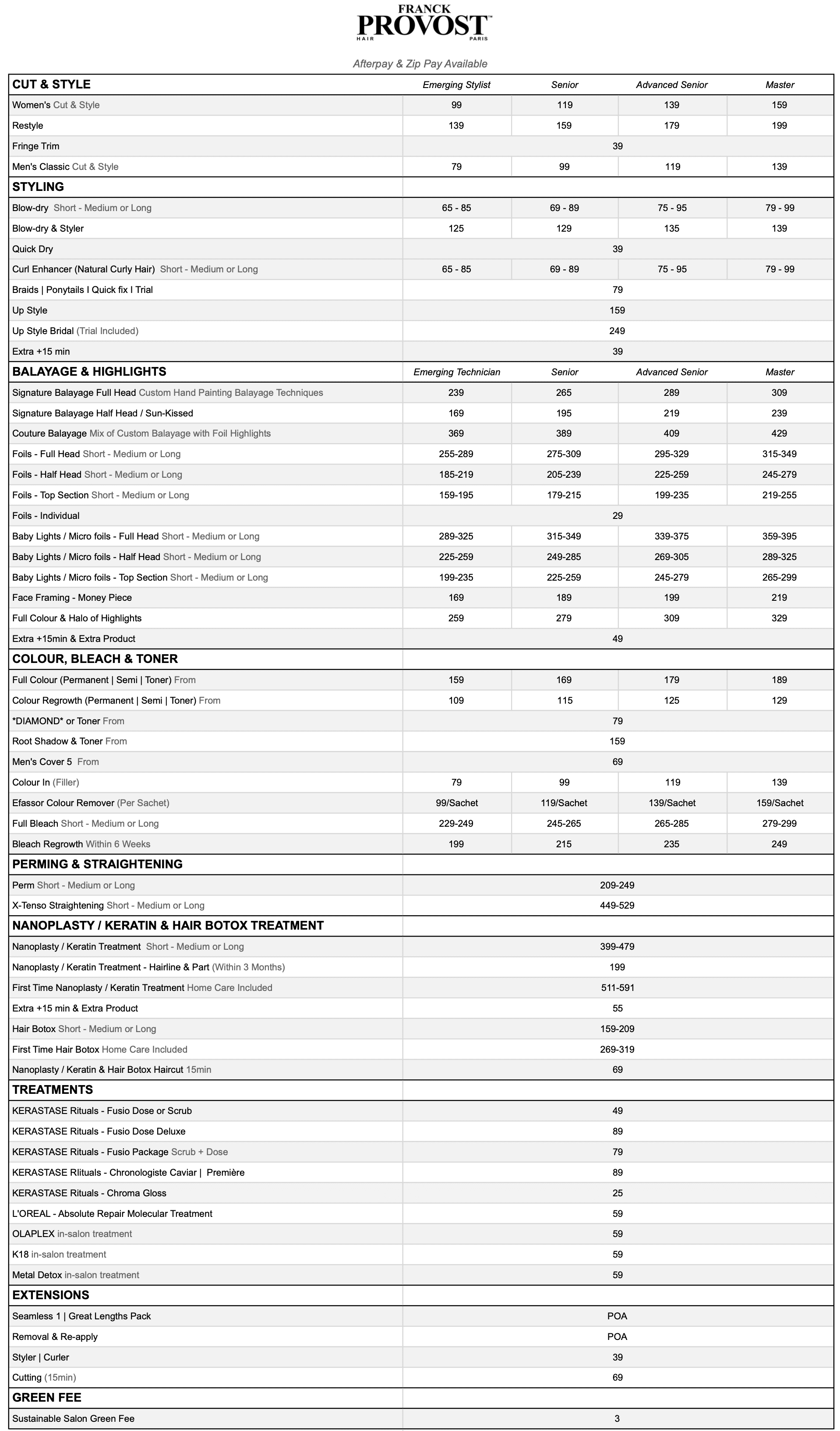 Franck Provost Menu of Services and Prices in Sydney hair salons and Melbourne hair salon
