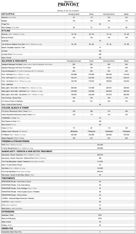 Franck Provost Menu of Services and Prices in Townsville hair salon