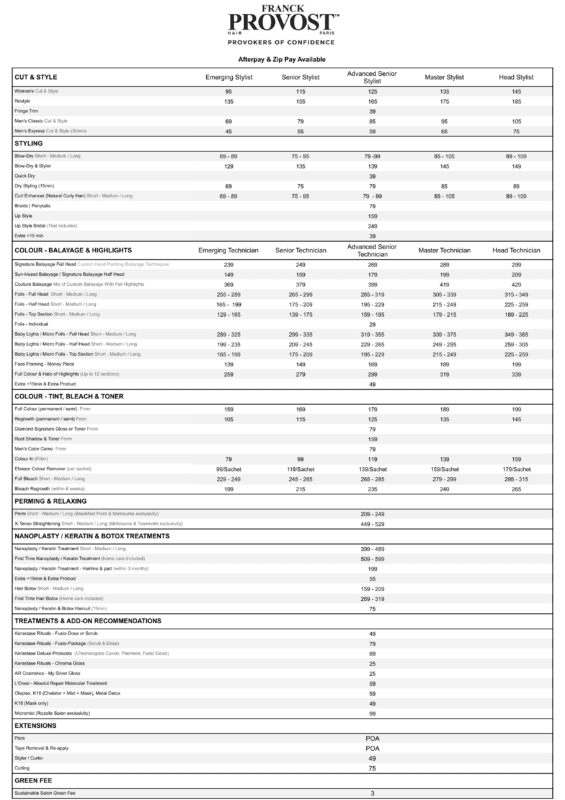 Franck Provost Menu of Services and Prices in Townsville hair salon