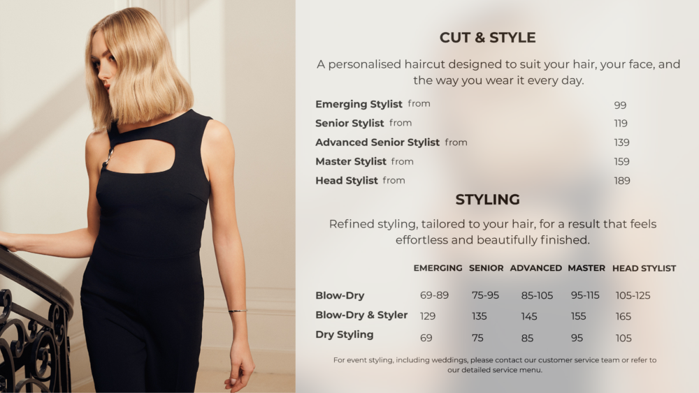 Franck Provost Menu of Services and Prices in Sydney and Melbourne hair salons - Premium Haircuts & Styles