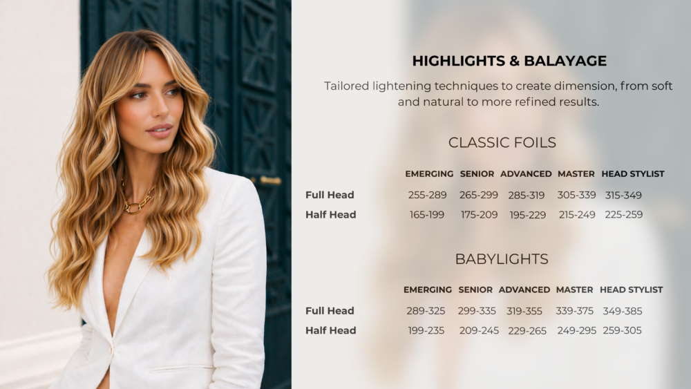 Franck Provost Menu of Services and Prices in Sydney and Melbourne hair salons - Bespoke Highlights and Balayage lightening services