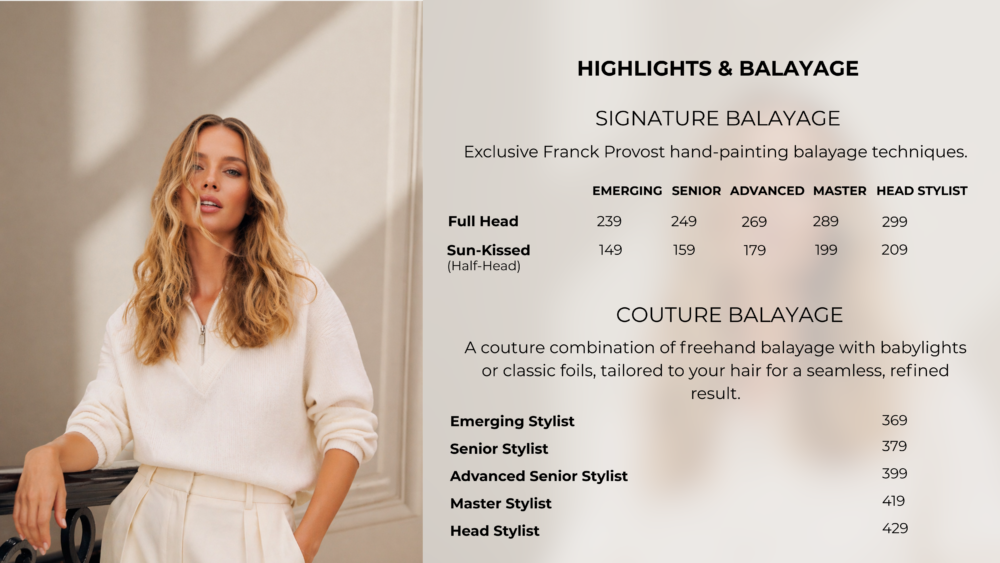 Franck Provost Menu of Services and Prices in Sydney and Melbourne hair salons - Bespoke Highlights and Balayage lightening services