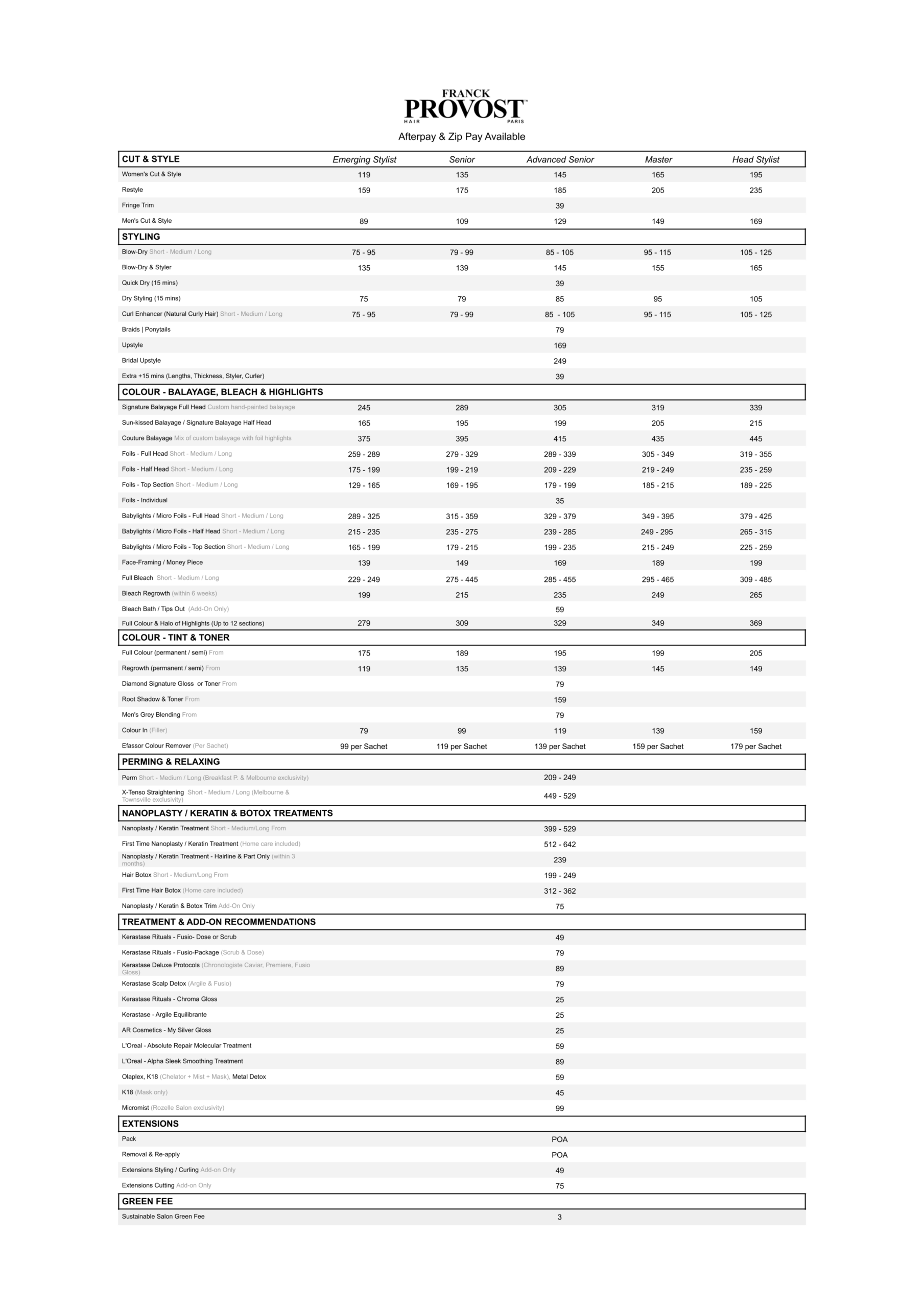 Franck Provost Menu of Services and Prices in Sydney and Melbourne hair salons