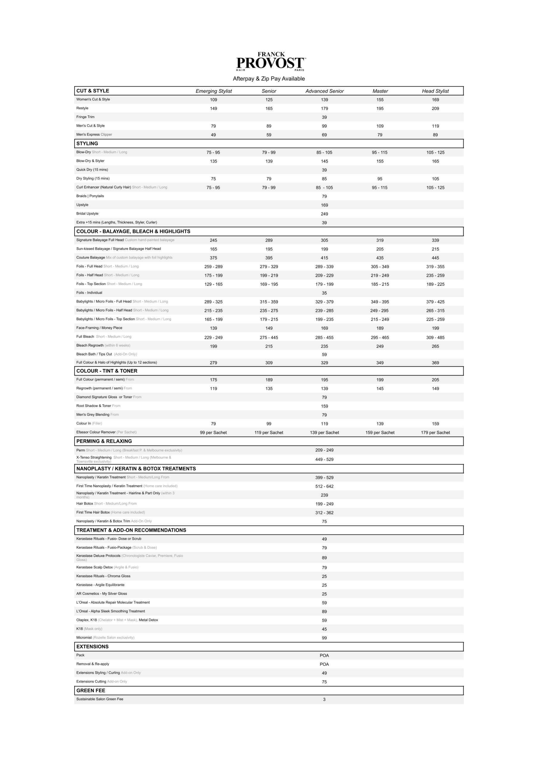 Franck Provost Menu of Services and Prices in Townsville hair salon